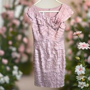 LONDON TIMES Women’s Size 10 Pink Raw Tiered Midi Formal Cap Sleeve Dress